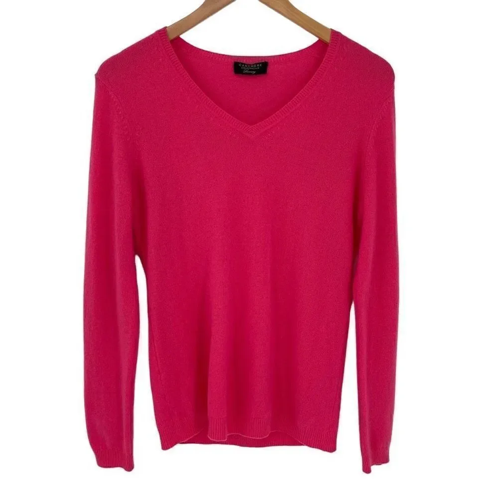 Charter Club Luxury Cashmere V-Neck Long Sleeve Sweater Women Small Pink Barbie